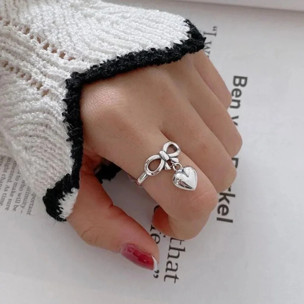 925 Sterling Silver Dangle Heart Ring Minimalist Dainty Bow Heart Charm Ring